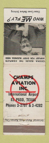 Matchbook Cover - Champs Aviation Cessna Airplanes El Paso TX WEAR