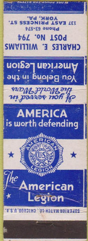 Matchbook Cover - American Legion Charles Williams Post York PA WEAR
