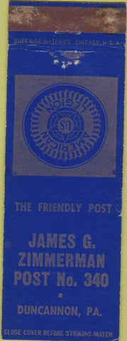 Matchbook Cover - James Zimmerman Post American Legion Duncannon PA