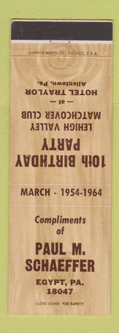 Matchbook Cover - Paul M Schaeffer Match Collectors Egypt PA 1964