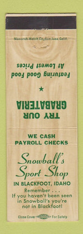 Matchbook Cover - Snowball's Sport Shop Blackfoot ID