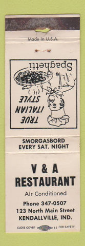 Matchbook Cover - V&A Restaurant Kendallville IN WORN