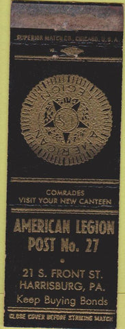 Matchbook Cover - American Legion Post 27 Harrisburg PA WEAR