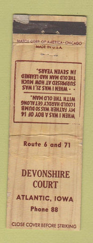 Matchbook Cover - Devonshire Court Atlantic IA low phone # WORN