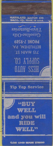 Matchbook Cover - Hess Auto Supply Bethlehem PA gas oil