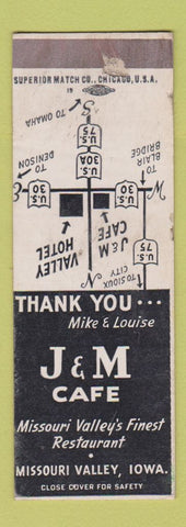 Matchbook Cover - J&M Cafe Missouri Valley IA WEAR SAMPLE
