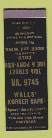Matchbook Cover - Walls' Korner Cafe Carthage Cincinnati OH liquor SAMPLE