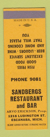 Matchbook Cover - Sandbergs Restaurant Bar Escanaba MI SAMPLE