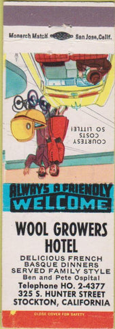 Matchbook Cover - Wool Growers Hotel Stockton CA