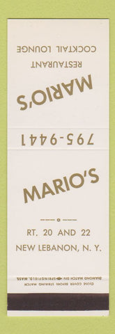 Matchbook Cover - Mario's Restaurant New Lebanon NY SAMPLE