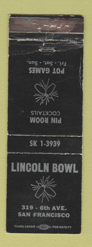 Matchbook Cover - Lincoln Bowling San Francisco CA WORN BLACK