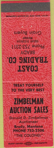 Matchbook Cover - Zimbelman Auction Sales Brady MT orange