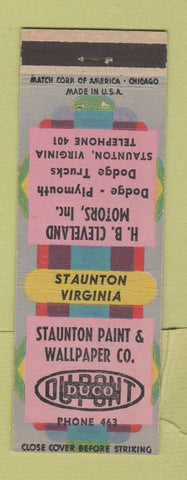 Matchbook Cover - HB Cleveland Motors Dodge Plymouth Staunton VA paint