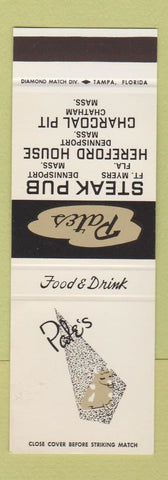Matchbook Cover - Pate's Steak Pub Fort Myers FL Dennisport MA SAMPLE