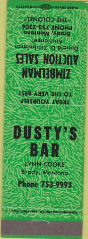 Matchbook Cover - Zimbelman Auction Sales Brady MT green Dusty's Bar