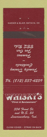 Matchbook Cover - Whisky's Restaurant Lawrenceburg IN
