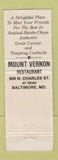 Matchbook Cover - Mount Vernon Restaurant Baltimore MD WEAR