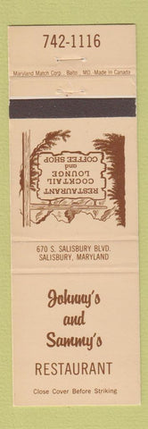 Matchbook Cover - Johnny's and Sammy's Restaurant Salisbury MD