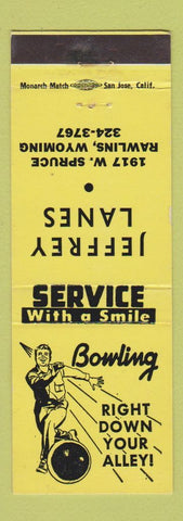 Matchbook Cover - Jeffrey Lanes Bowling Rawlins WY