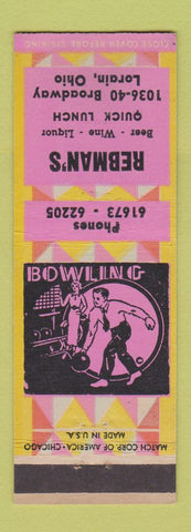 Matchbook Cover - Rebman's Bowling Lorain OH restaurant