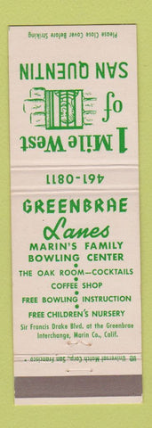 Matchbook Cover - Greenbrae Bowling Marin CA San Quentin Prison