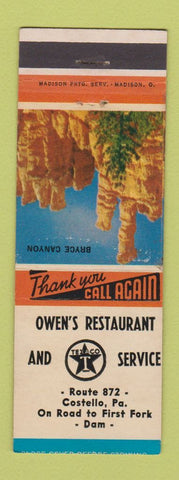 Matchbook Cover - Owen's Restaurant Texaco oil gas Costello PA