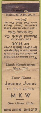 Matchbook Cover - General Match CO Cincinnati HO POOR