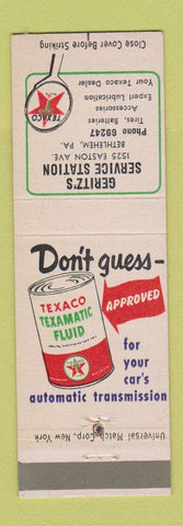 Matchbook Cover - Geritz's Texaco oil gas Bethlehem PA