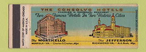 Matchbook Cover - Consolvo Hotels Richmond Norfolk VA Monticello Jefferson