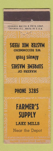 Matchbook Cover - Farmer's Supply Lake Mills WI? IA? ADVANCE