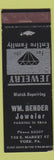 Matchbook Cover - Wm Bender Jewelry York PA