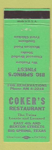Matchbook Cover - Coker's Restaurant Big Spring TX GREEN