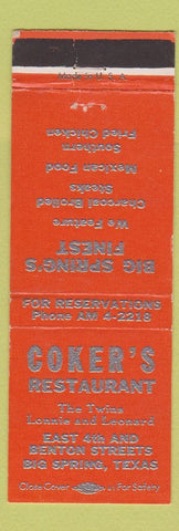 Matchbook Cover - Coker's Restaurant Big Spring TX ORANGE