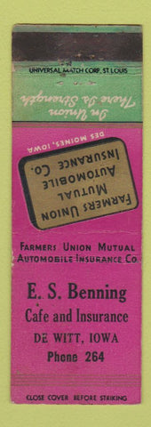 Matchbook Cover - ES Benning Cafe Insurance DeWitt IA low phone # WEAR