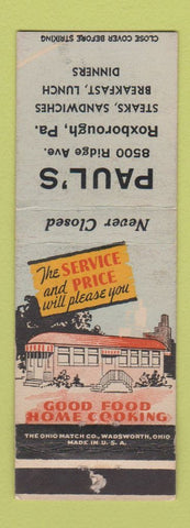 Matchbook Cover - Paul's Restaurant Roxborough PA WEAR