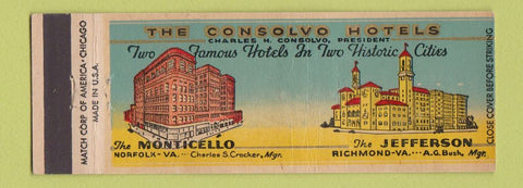 Matchbook Cover - Hotel Monticello Jefferson Norfolk Richmond VA Full Length