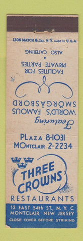 Matchbook Cover - Three Crowns Restaurant New York City