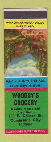Matchbook Cover - Woodsy's Grocery Cambridge City IN Blue Ridge Mountains scene