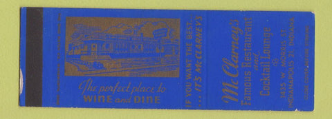 Matchbook Cover - McClarney's Restaurant Indianapolis IN