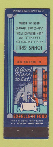 Matchbook Cover - Johns Grill Parkville MD