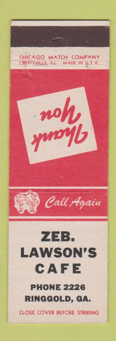 Matchbook Cover - Zeb Lawson's Cafe Ringgold GA low phone #