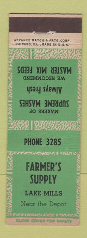 Matchbook Cover - Farmer's Supply Lake Mills WI? IA? ADVANCE Green