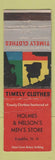 Matchbook Cover - Timely Men's Clothes Holmes Nelson's Franklin NY WORN