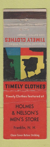 Matchbook Cover - Timely Men's Clothes Holmes Nelson's Franklin NY WORN