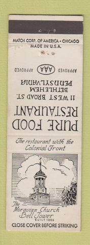 Matchbook Cover - Pure Food Restaurant Bethlehem PA