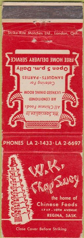 Matchbook Cover - WK Chop Suey Chinese Food Regina SK WEAR