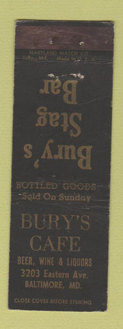 Matchbook Cover - Bury's Cafe Baltimore MD Stag Bar WEAR