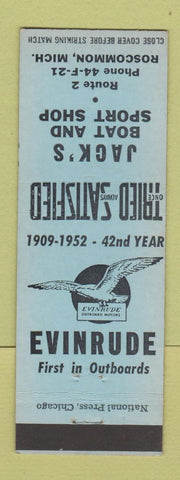 Matchbook Cover - Jack's Boat and Sport Shop Evinrude Motors Roscommon MI BLUE