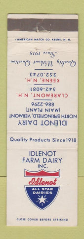 Matchbook Cover - Idlenot Farm Dary North Springfield VT Claremont Keene NH