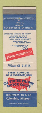 Matchbook Cover - All State Village Motor Court Columbia MO